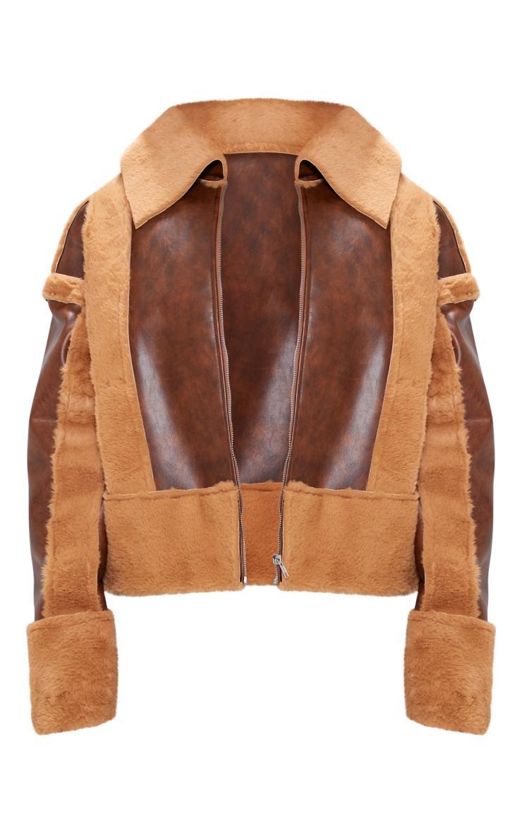 Petite Brown Distressed PU & Fur Contrast Jacket Product Image