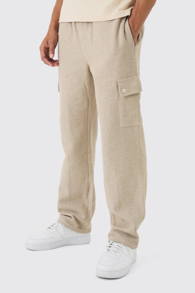 Elasticated Waist Relaxed Herringbone Textured Cargo Pants | boohooMAN USA Product Image