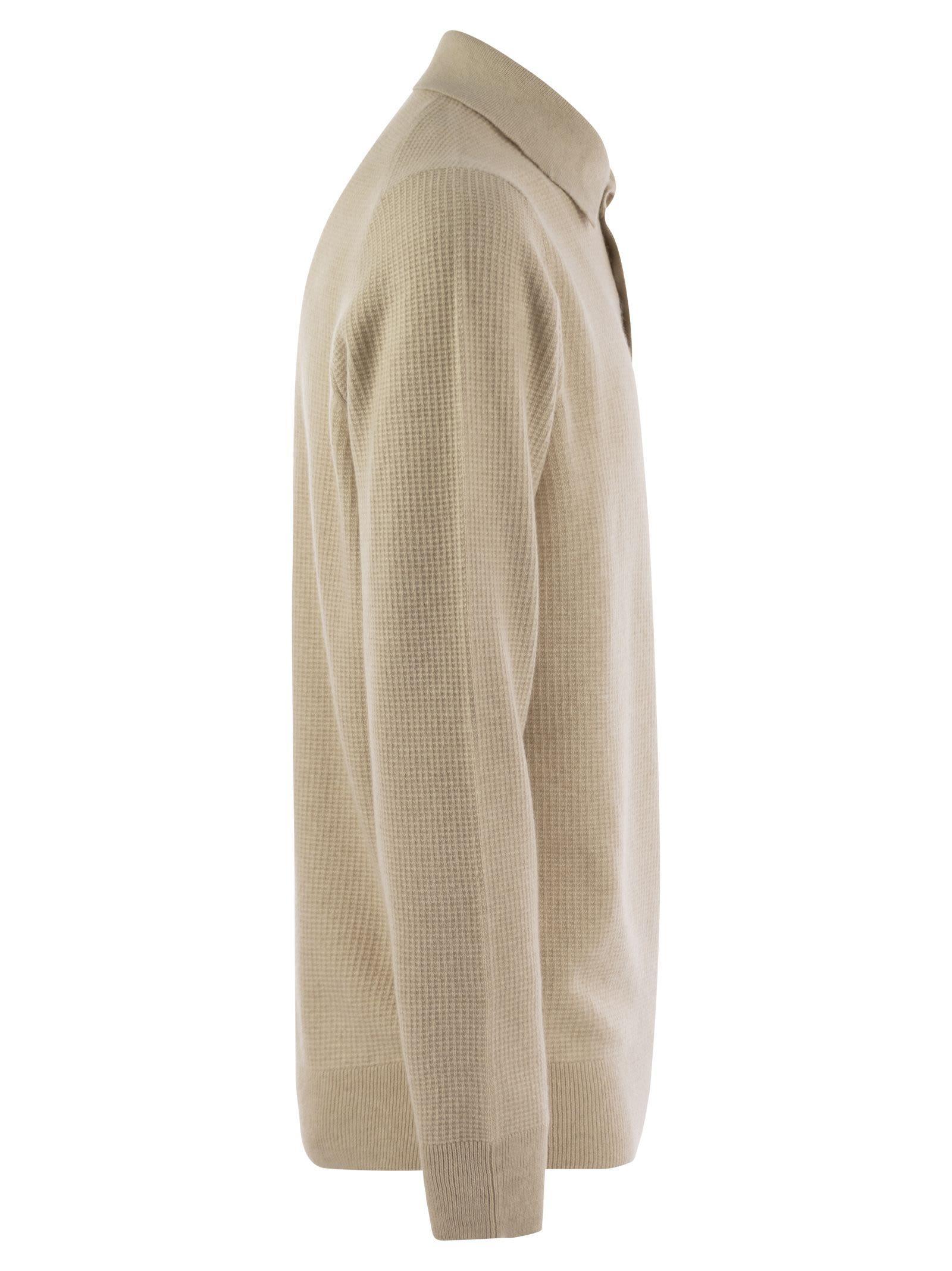 BRUNELLO CUCINELLI Waffle Stitch Cashmere Knit Polo Shirt With Long Sleeve In Sand Product Image