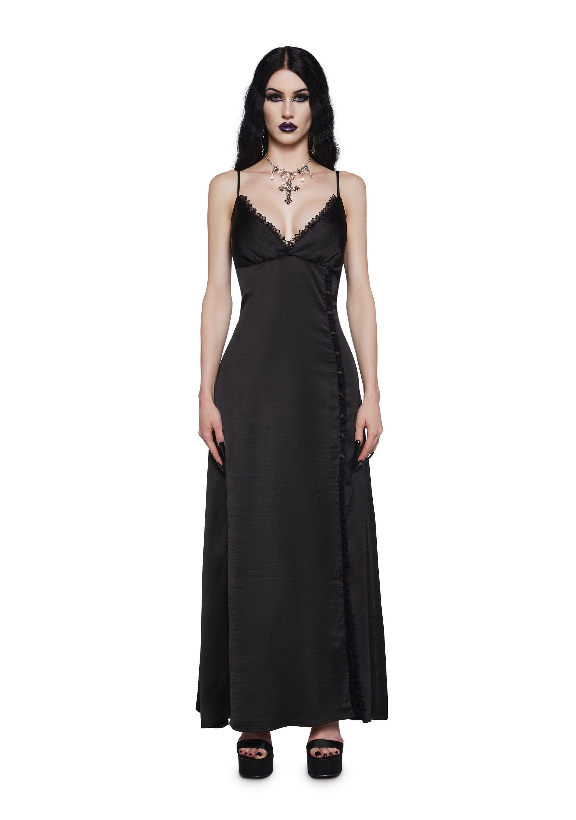 Matte Satin Lace V-Neckline Maxi Dress Widow - Black product image