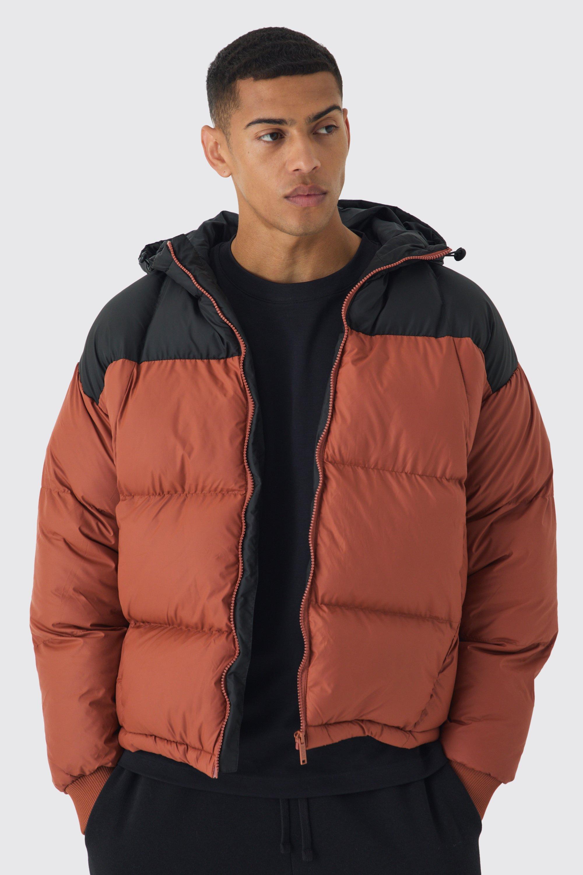 Mens Orange Boxy Curved Quilted Colour Block Hooded Puffer In Rust, Orange Product Image