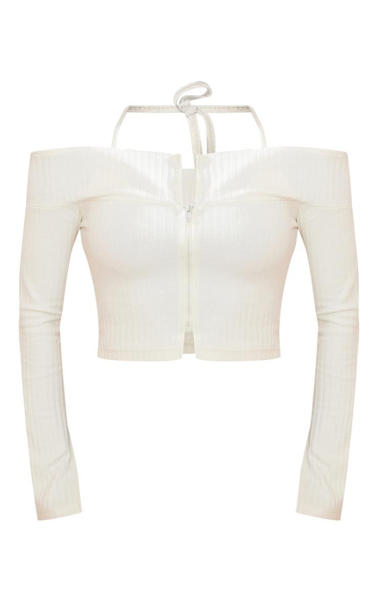 Cream Jumbo Rib Collar Zip Up Halter Crop Top Product Image