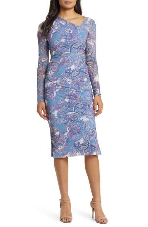 Vince Camuto Printed Mesh Bodycon Dress With Asymmetrical Neckline Women's Dress Product Image