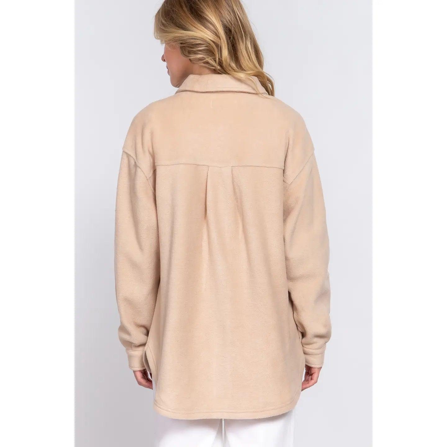 Beige Long Sleeve Notched Collar Front Pocket Fleece Jacket Female Product Image