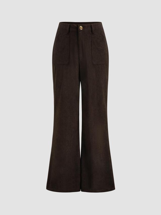 Corduroy Mid Rise Solid Button Pocket Flared Trousers Product Image