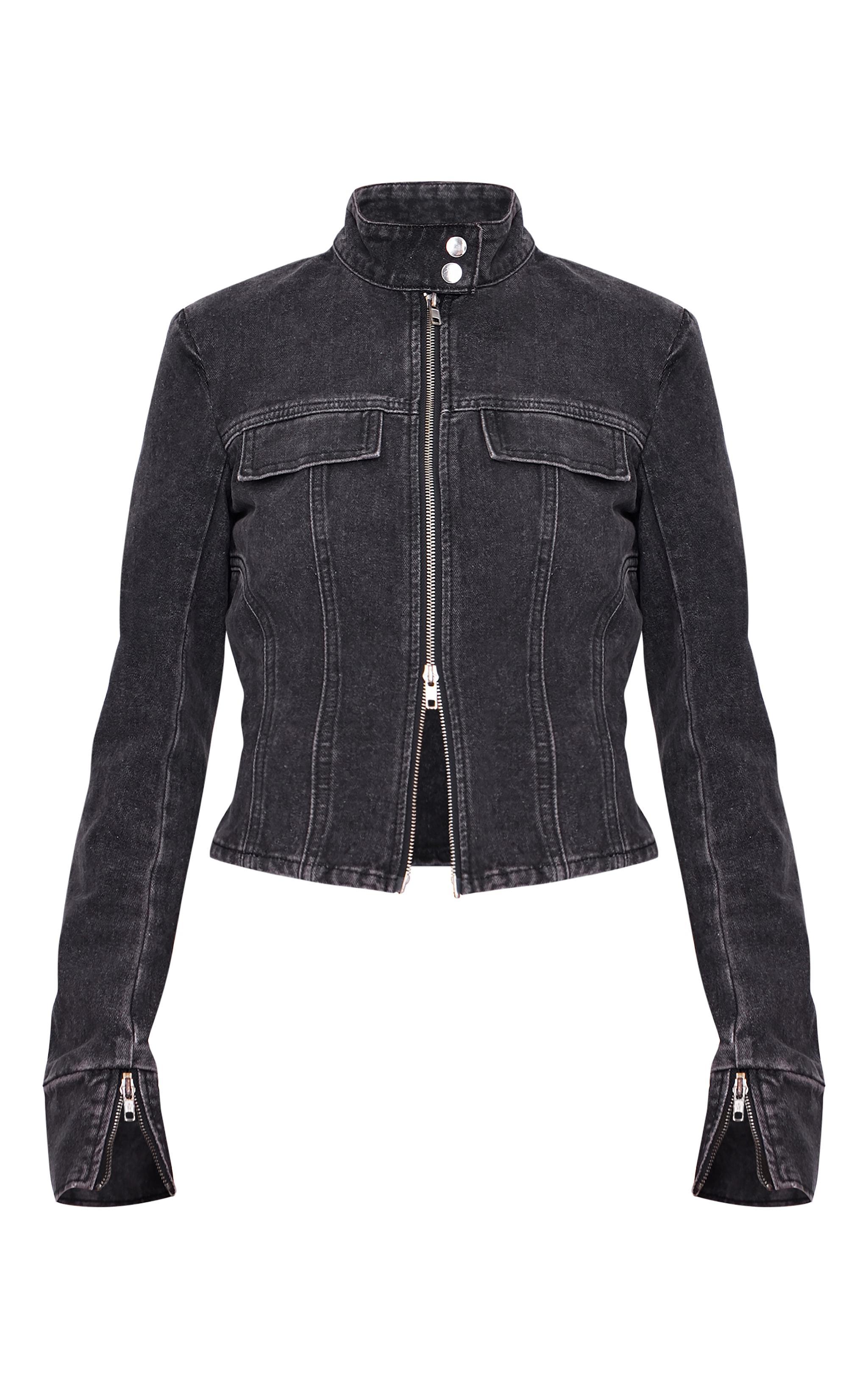 Washed Black Seam Detail Longline Fitted Racer Denim Jacket Product Image