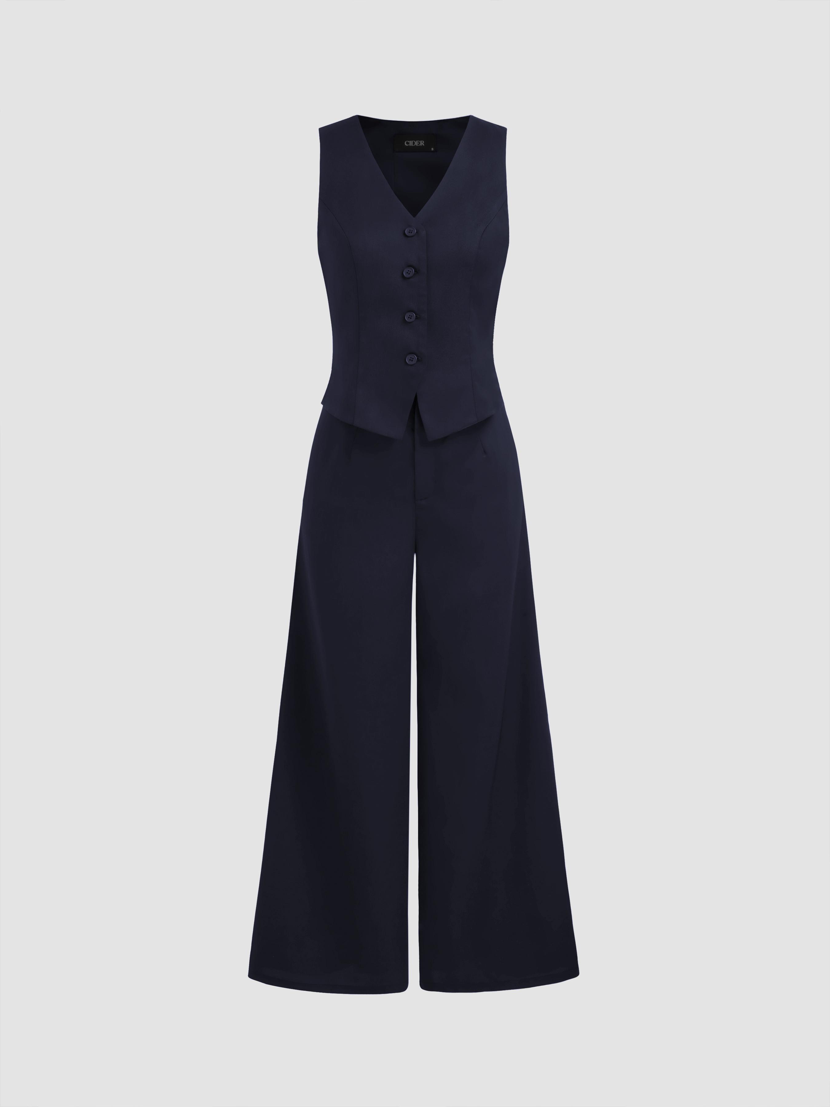 Solid V-neck Button Vest Wide Leg Jumpsuit Product Image