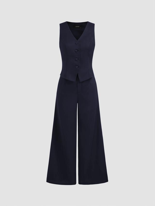 Solid V-neck Button Vest Wide Leg Jumpsuit Product Image