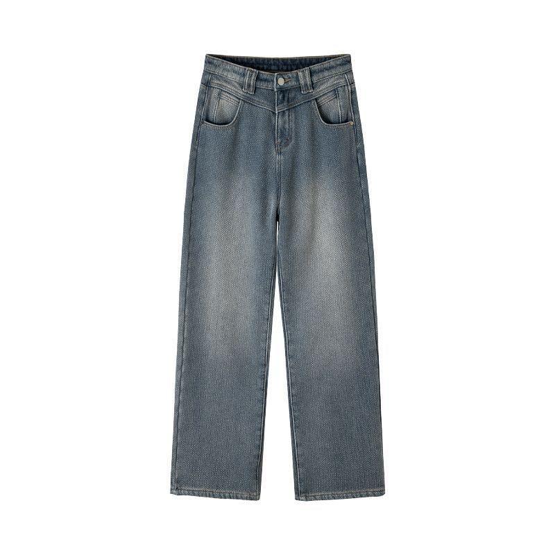 Mid Waist Washed Fleece-Lined Wide Leg Jeans (Various Designs) Product Image