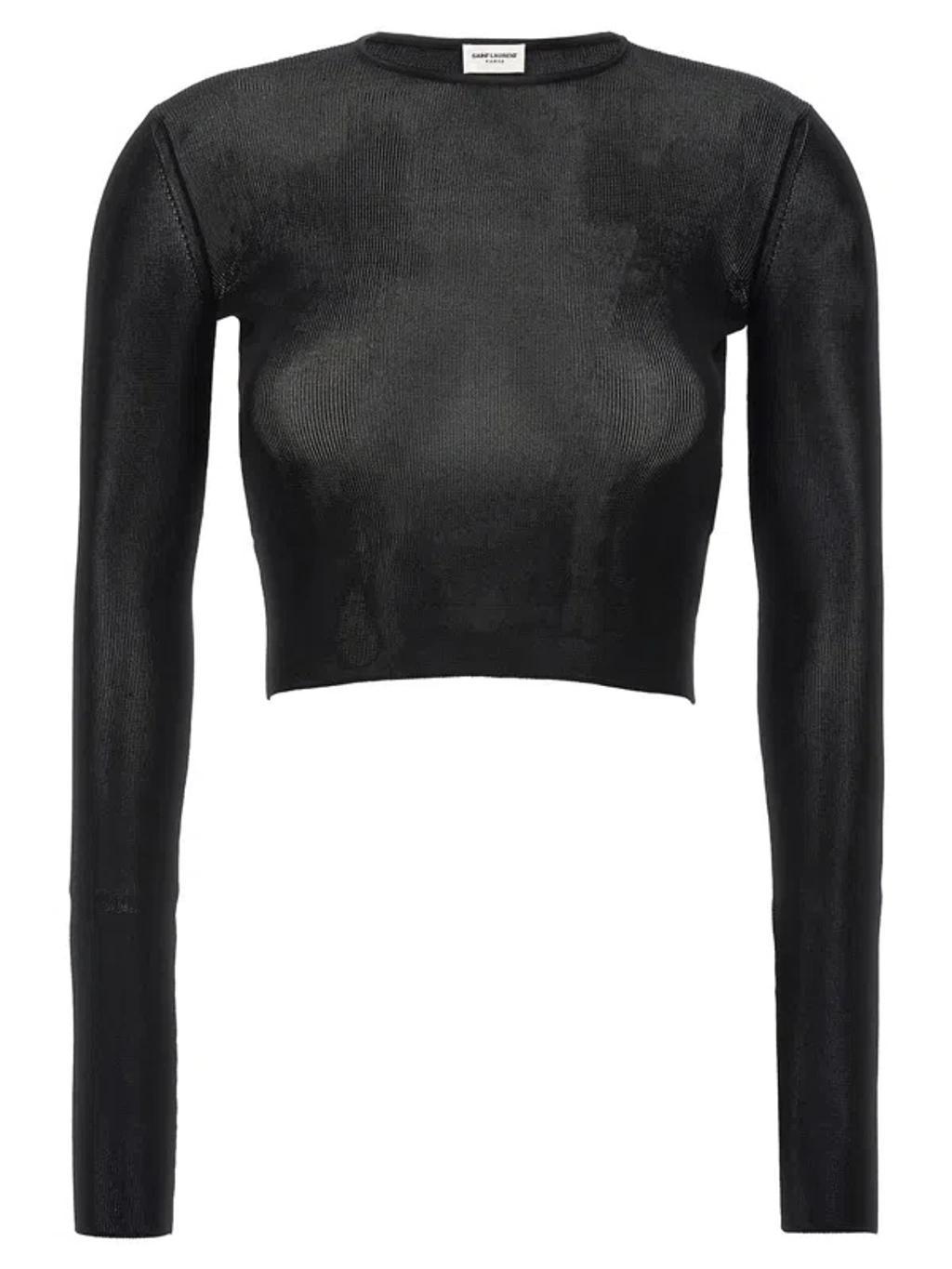 SAINT LAURENT Viscose Crop Top Tops Black Product Image