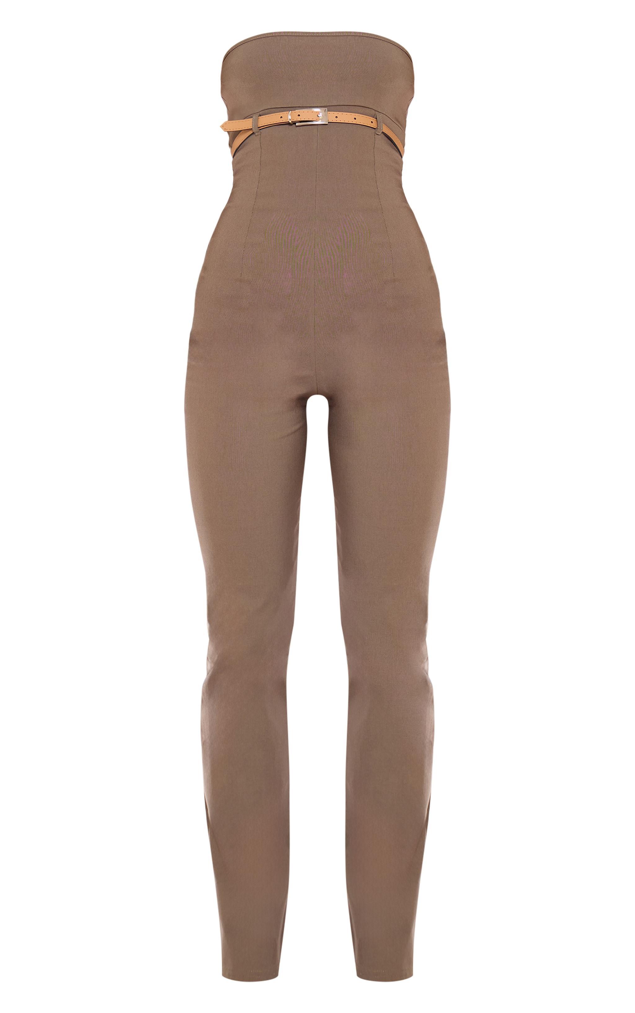 Khaki Stretch Woven Belted Bandeau Jumpsuit Product Image