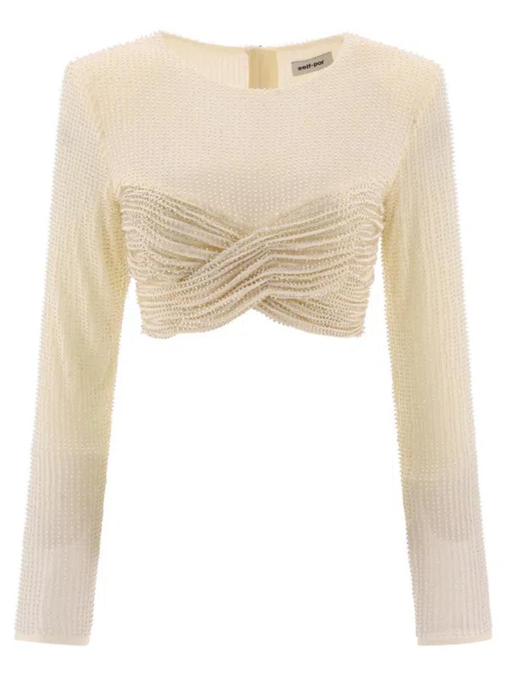 Beaded Mesh Crossover Strap Cropped Top In Beige Product Image