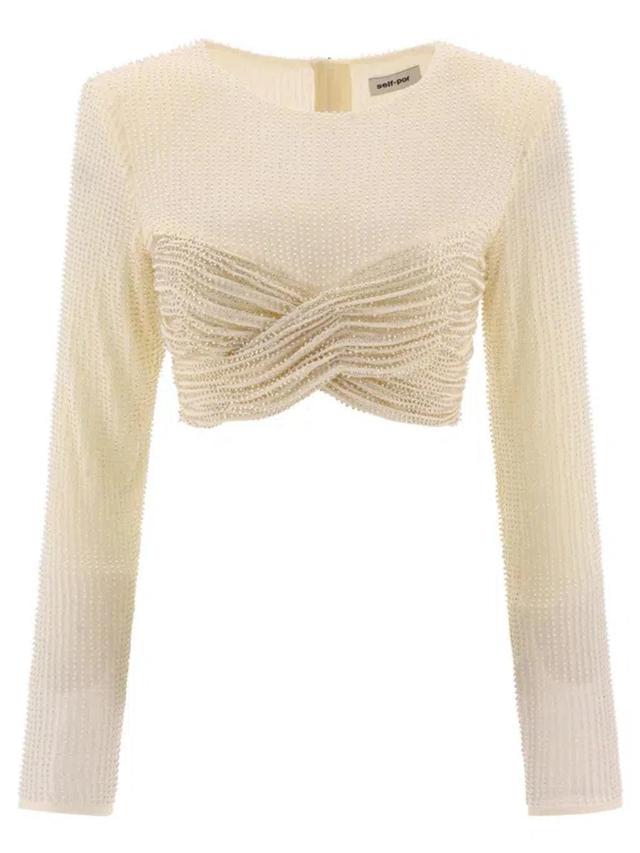 Beaded Mesh Crossover Strap Cropped Top In Beige Product Image