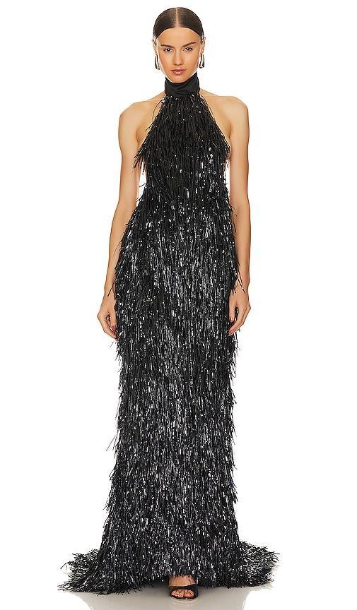 Mock Neck Halter Fringe Gown Product Image