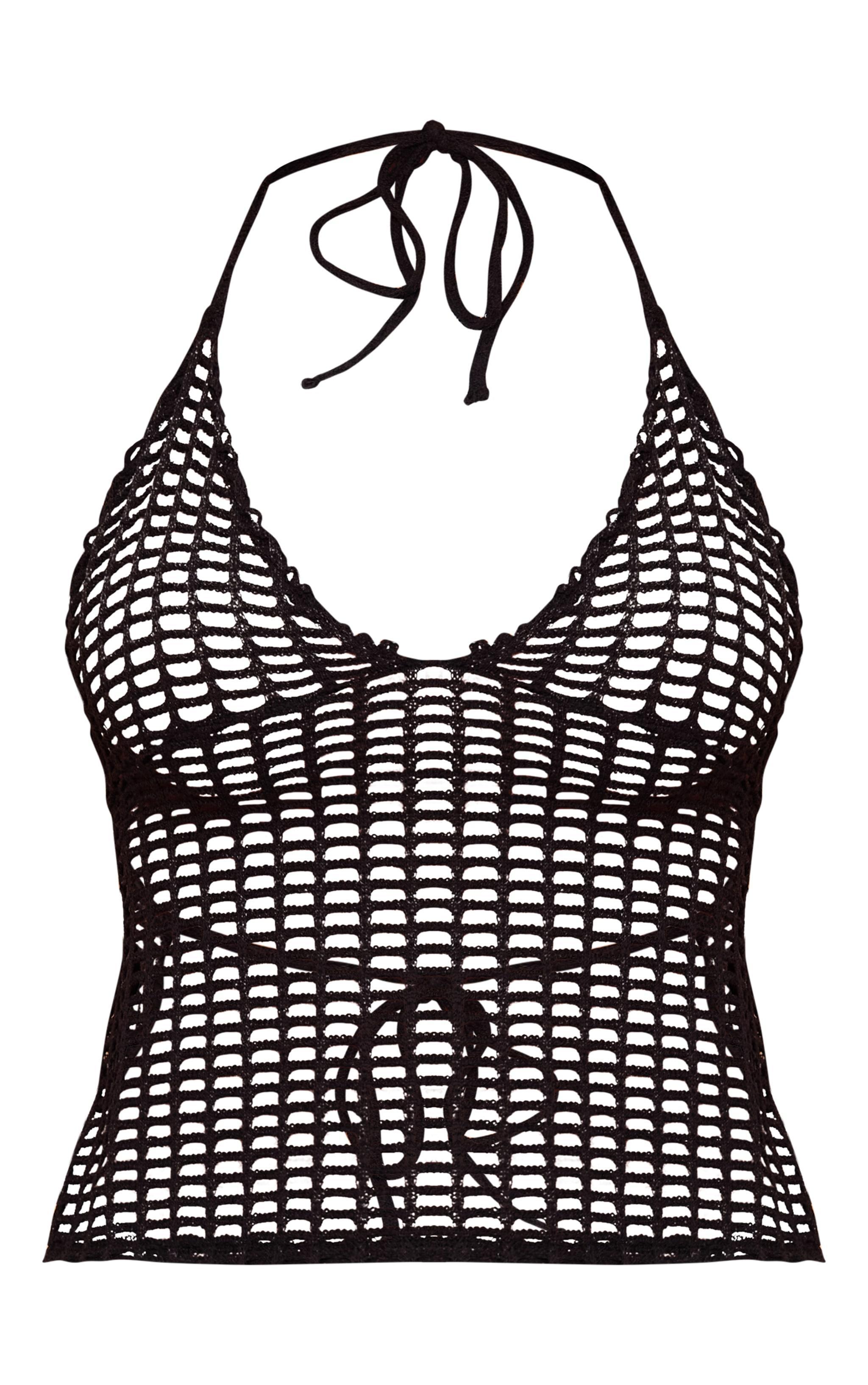 Black Halter Fishnet Crochet Under Bust Crop Top Product Image