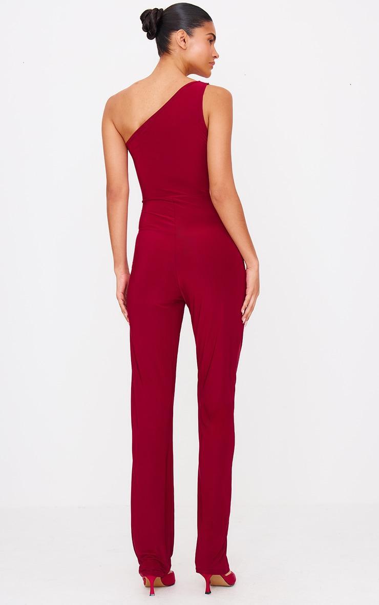 Burgundy Double Layer Slinky Asymmetric Ruched Detail Jumpsuit Product Image