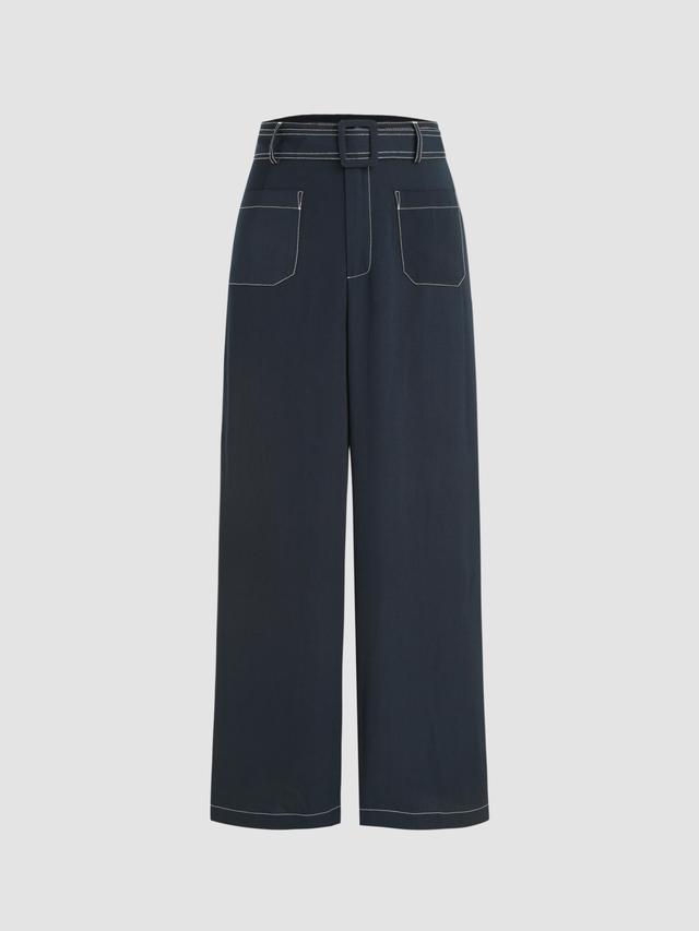 Denim High Waist Belted Wide Leg Pants Product Image