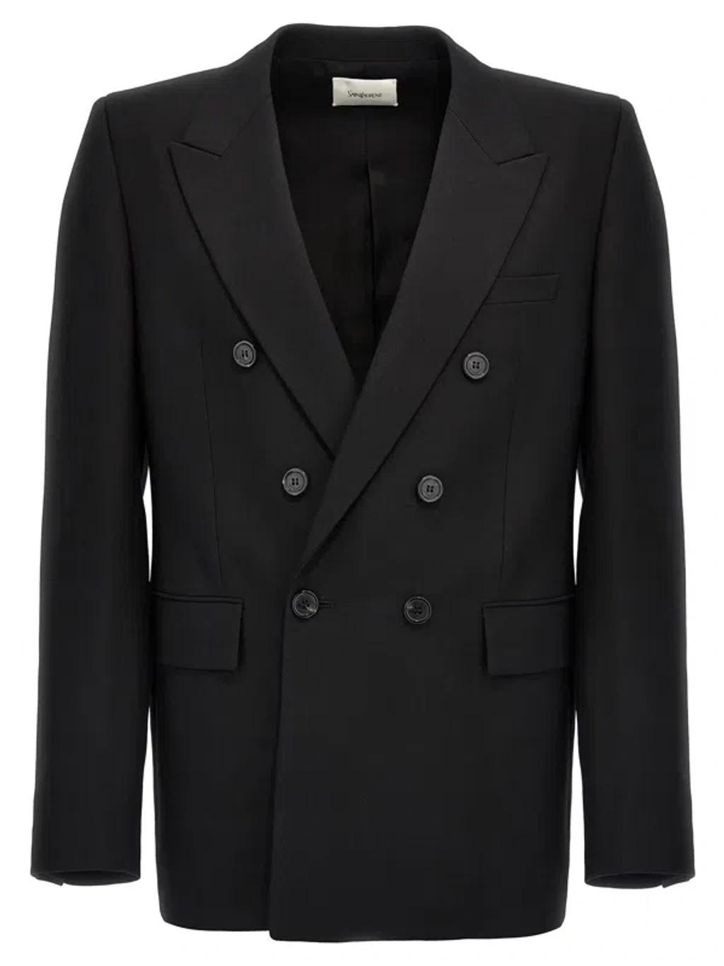 Men Double-breasted Wool Blazer In Black Product Image