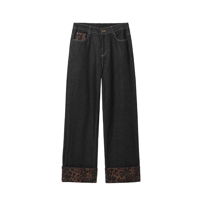 High Waist Leopard Print Wide Leg Jeans Product Image