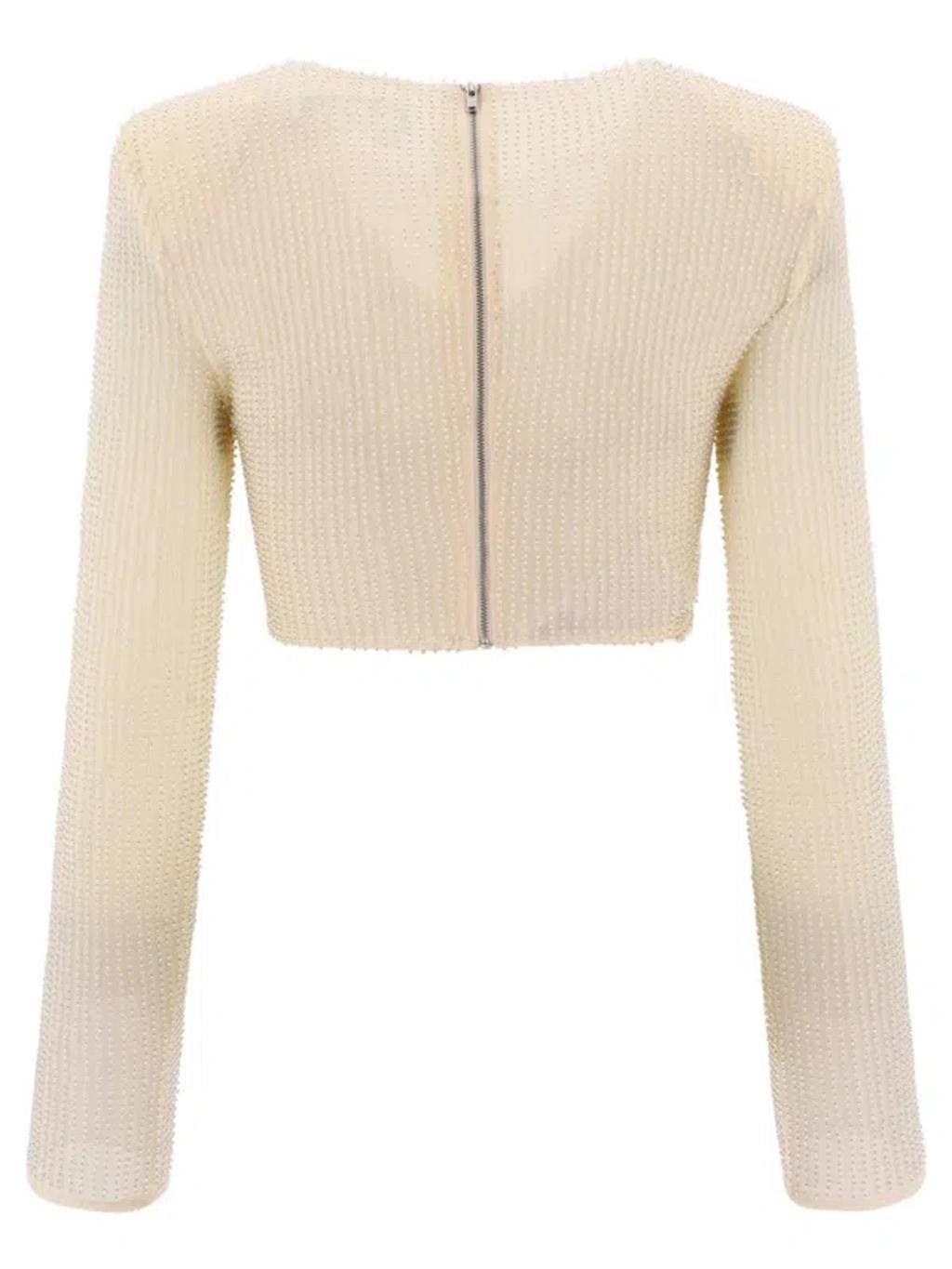 Beaded Mesh Crossover Strap Cropped Top In Beige Product Image