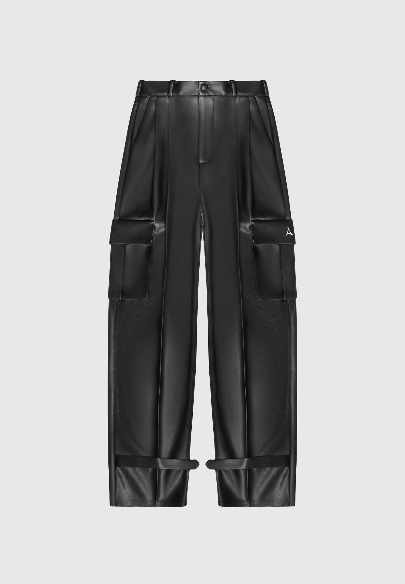 Vegan Leather Pleated Cargo Trousers - Black Female Product Image