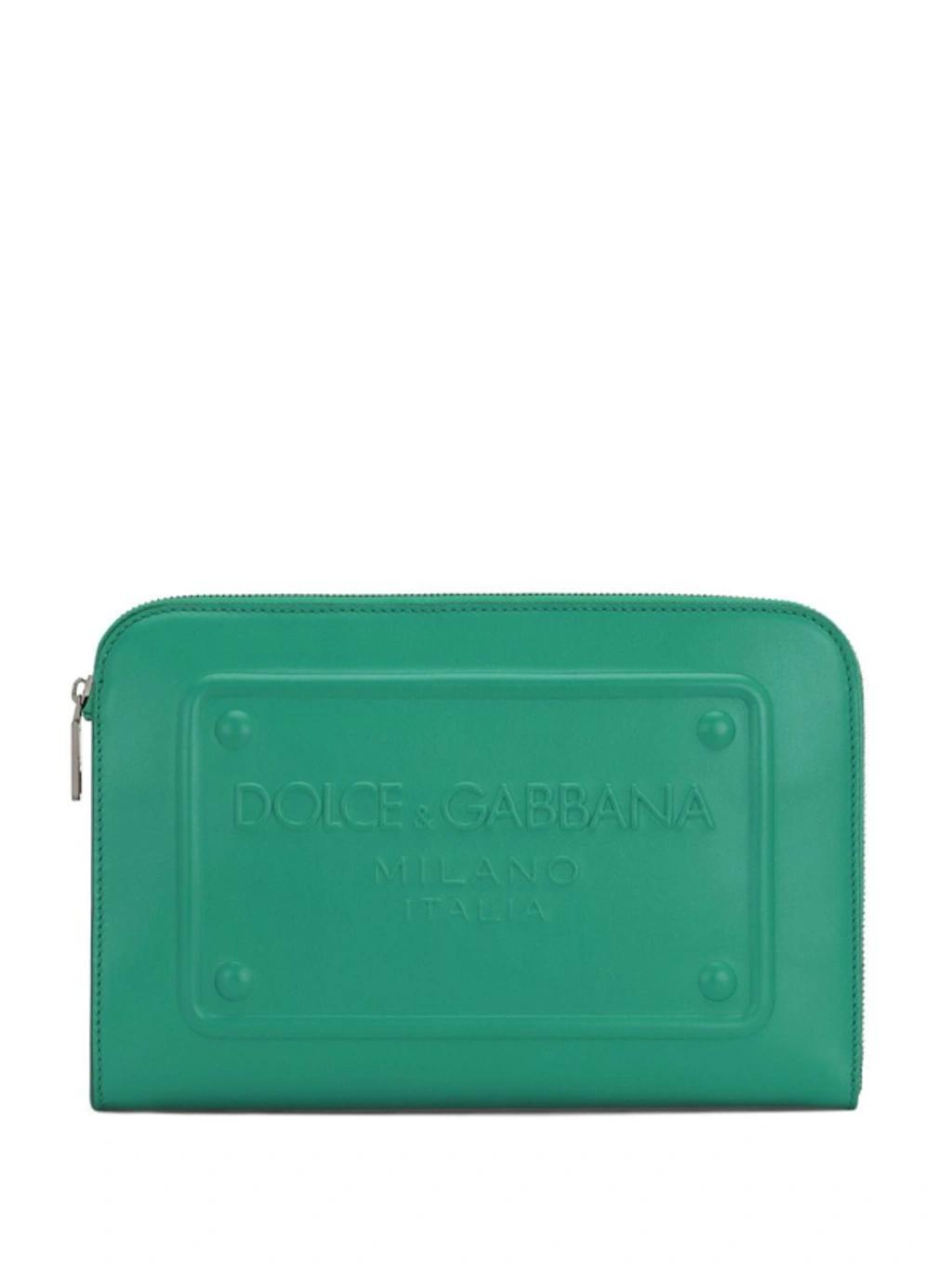 Raised-logo Leather Clutch In Green Product Image