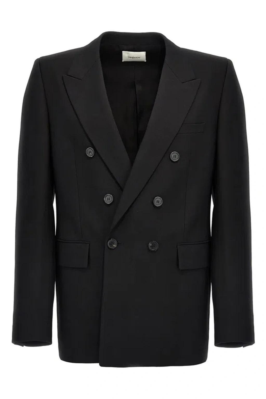 Men Double-breasted Wool Blazer In Black Product Image