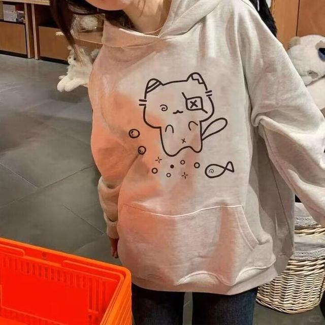 Cat Print Loose Fit Hoodie Product Image