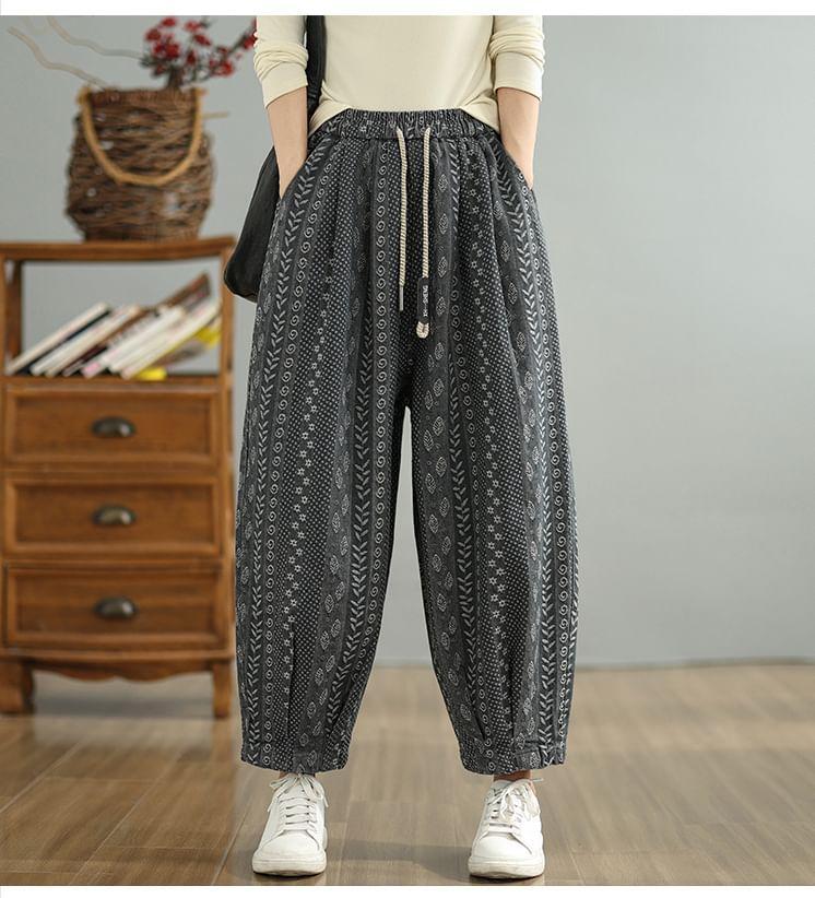 Drawstring Waist Patterned Cropped Baggy Pants Product Image