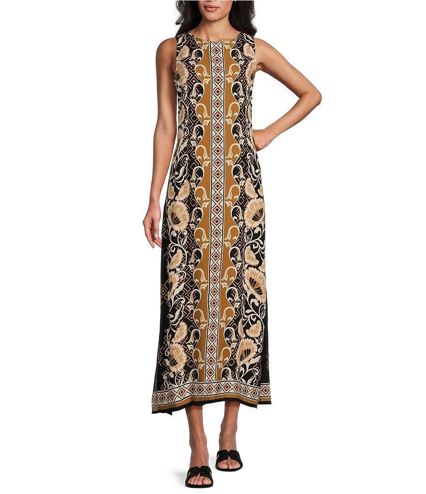 Slim Factor by Investments Deco Flower Border Print Sleeveless Crew Neck Maxi Dress Product Image