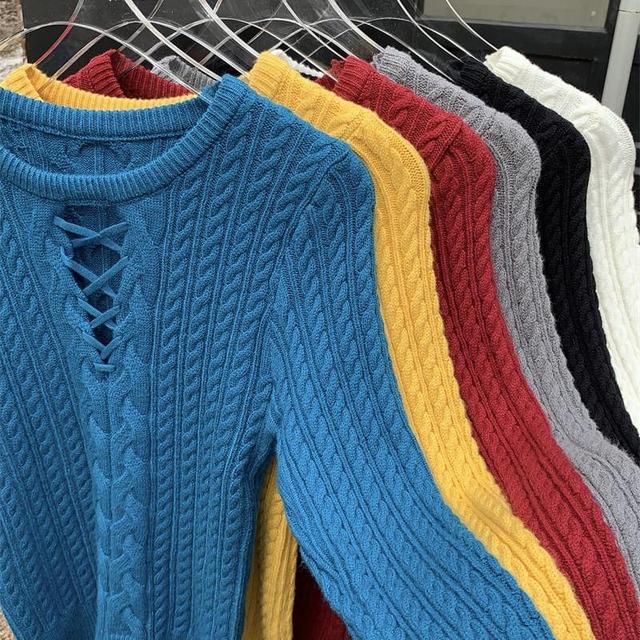 Crew Neck Plain Cutout Cable Knit Sweater Product Image