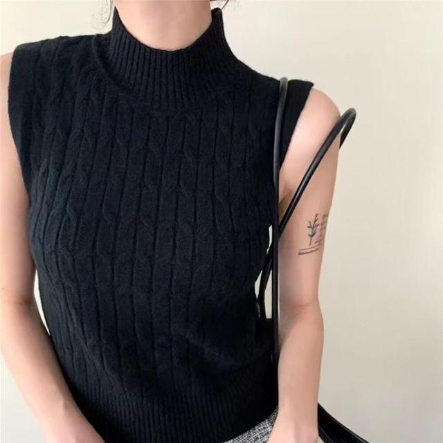 Mock Neck Plain Cable Knit Crop Tank Top Product Image