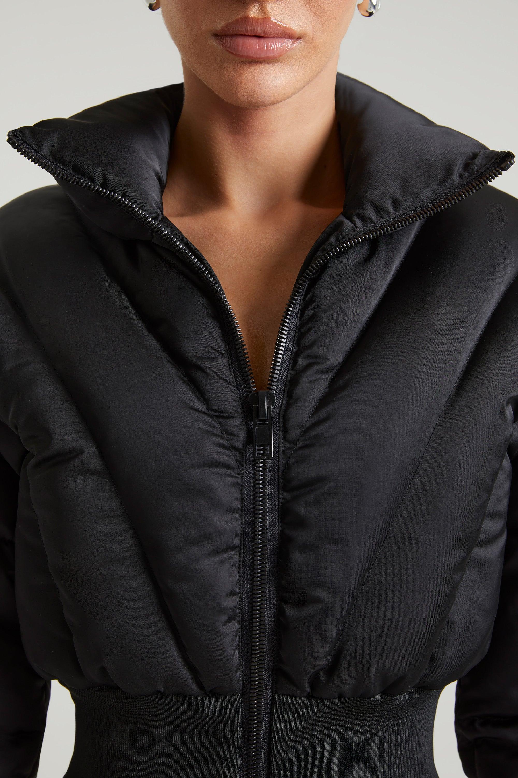 Ribbed Puffer Jacket in Black Product Image