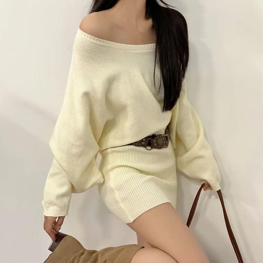 Off Shoulder Plain Mini Sweater Dress Product Image