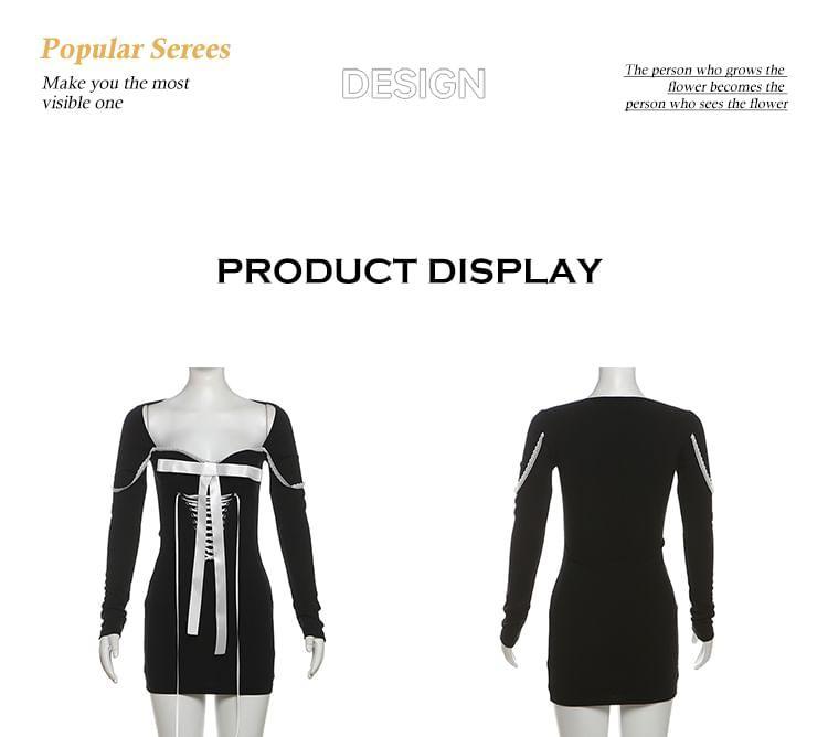 Long-Sleeve Plain Lace-Up Lace Trim Bow Mini Bodycon Dress Product Image