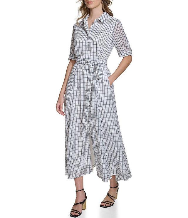 Calvin Klein Point Collar Short Sleeve Tie Waist Midi Shirt Dress Product Image