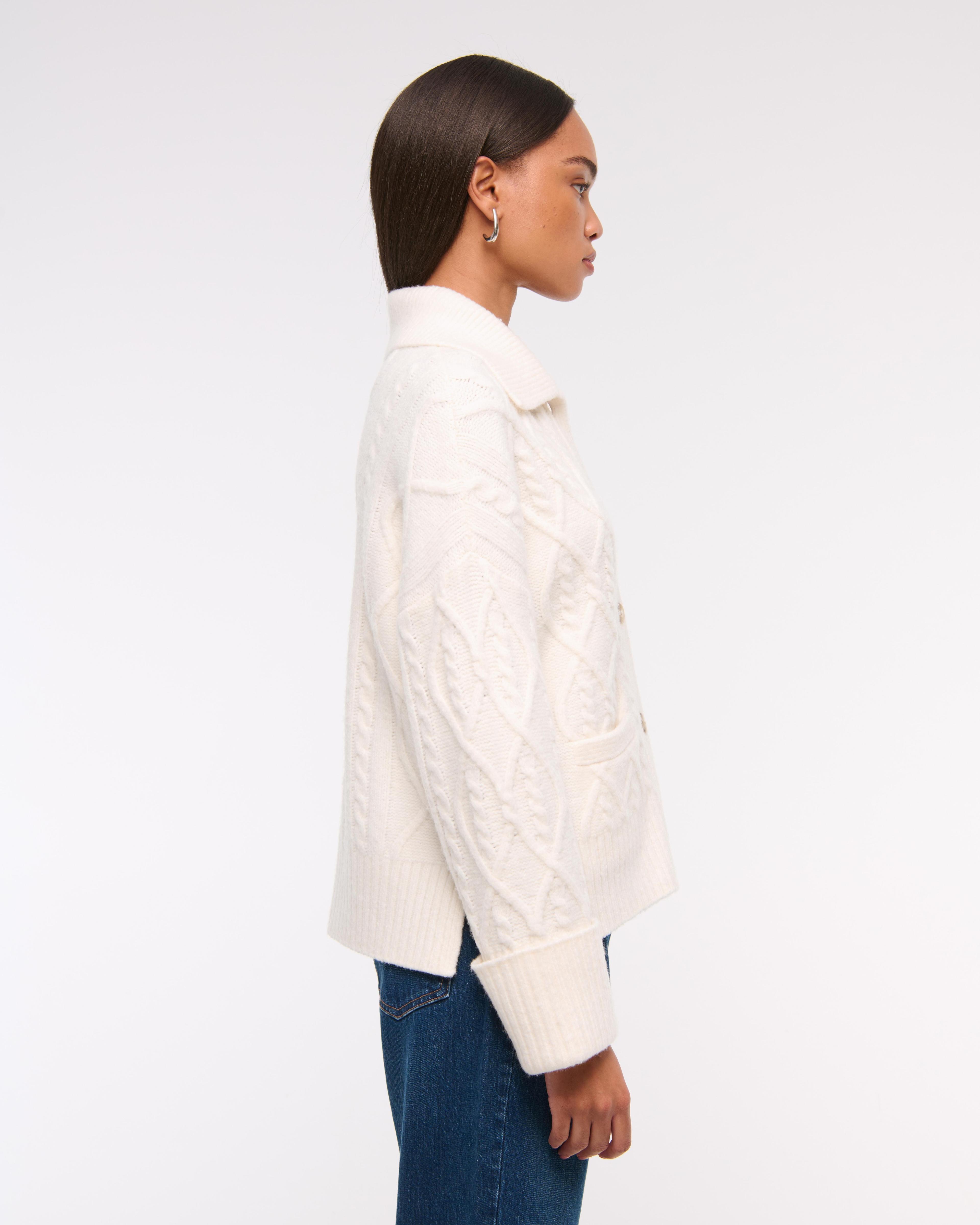 Cable-Knit Collared Cardigan Product Image