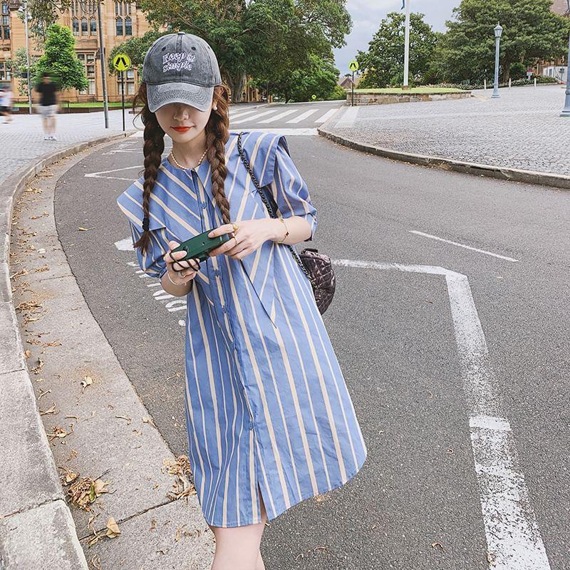 Puff-Sleeve Sailor Collar Striped Shirt Dress Product Image