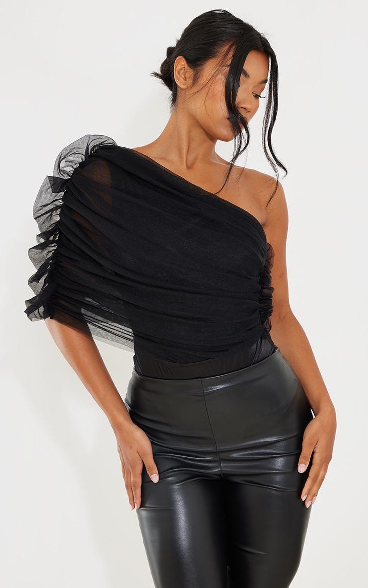 Black Sheer Ruffle One Shoulder Bodysuit Product Image