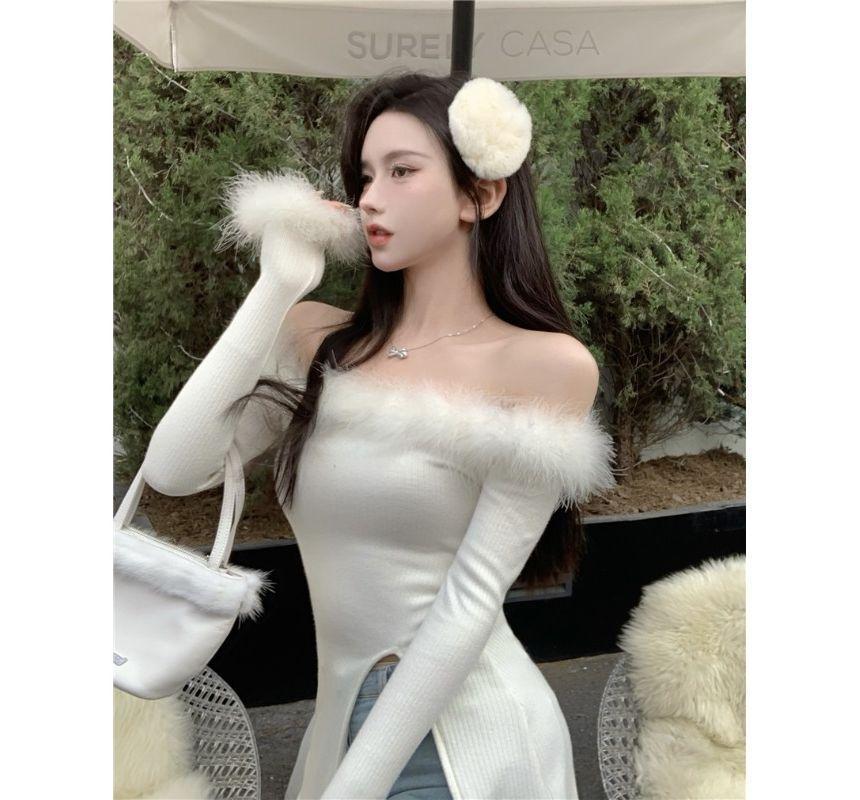 Off-Shoulder Plain Fluffy Trim Ribbed Side-Slit Sweater Product Image