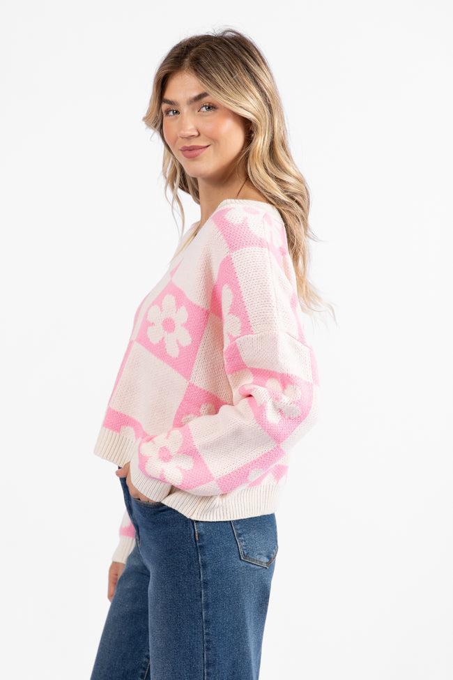 Found A New Way Pink V-Neck Checkered Flower Sweater FINAL SALE Product Image