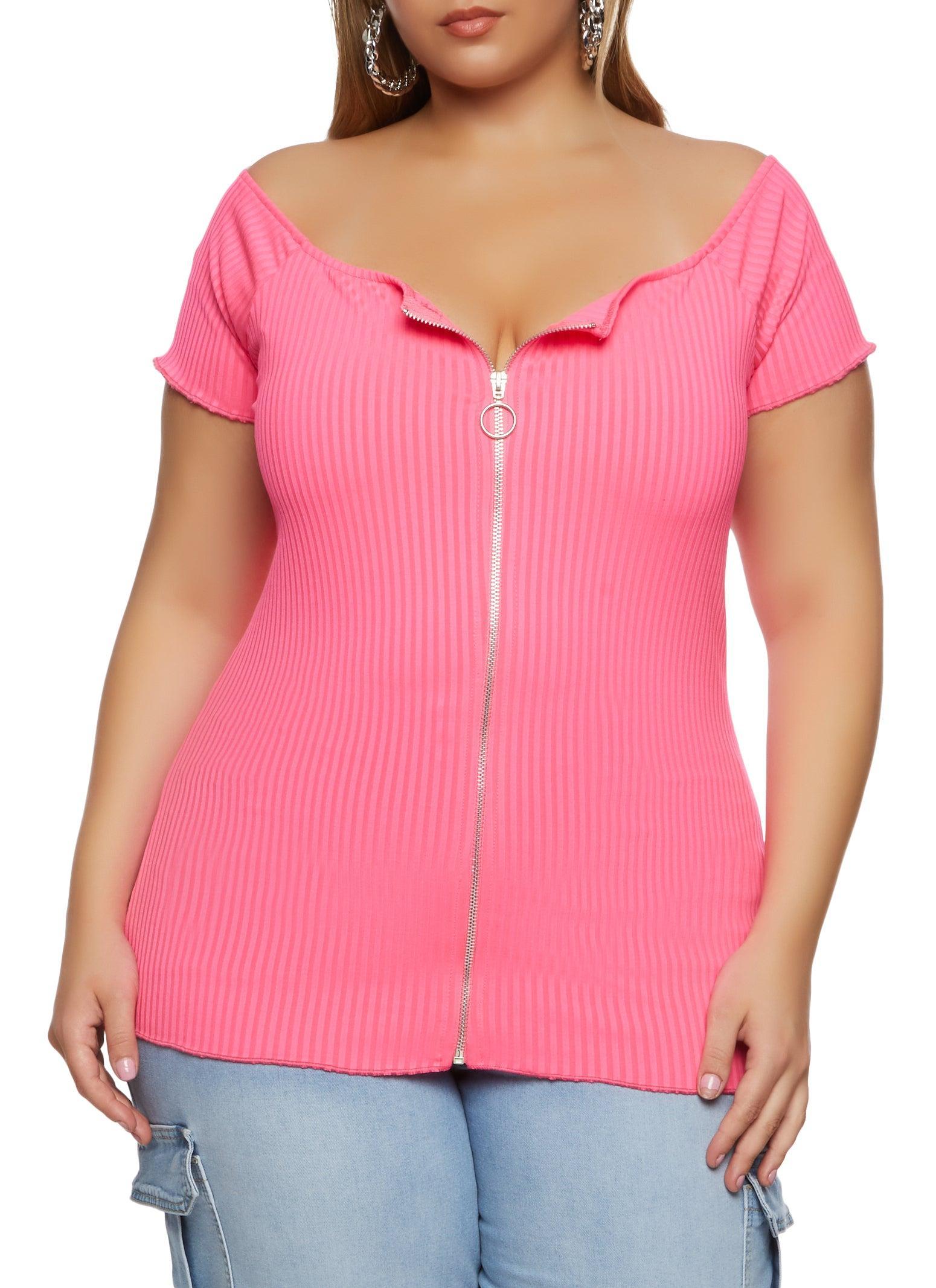 Womens Plus Size Ribbed Zip Front Off the Shoulder Top Product Image