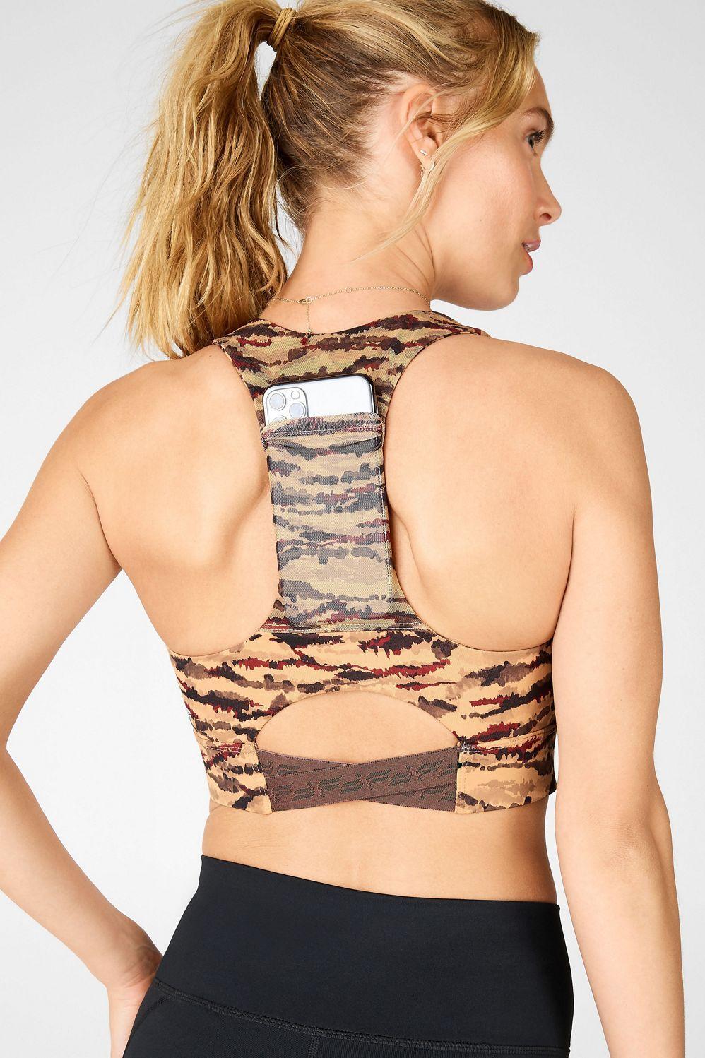 Fabletics On-The-Go Midi Medium Impact Sports Bra Womens Cacao Tigress/Cacao Logo Size XXS Product Image