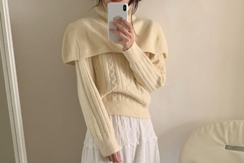 Set: Long-Sleeve Round Neck Plain Cable Knit Sweater + Cape Product Image