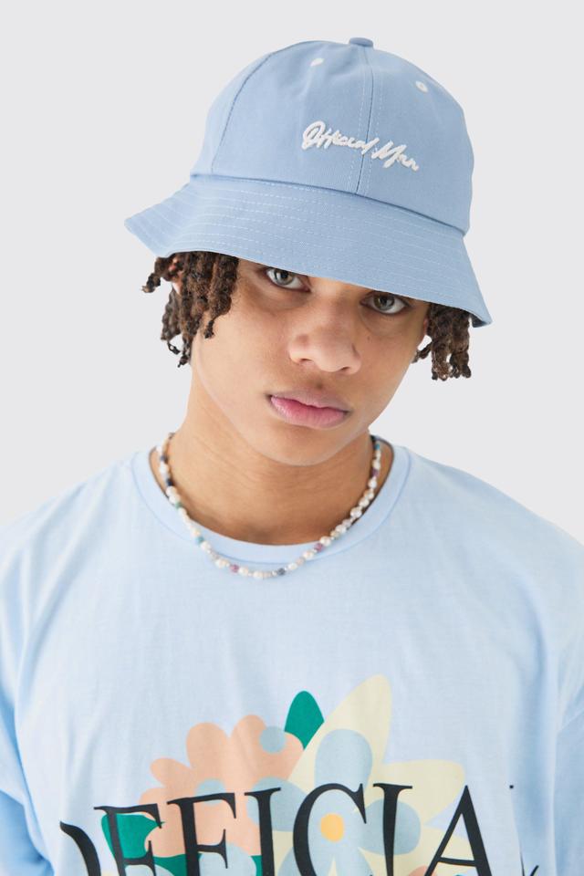 Official Man Embroidered Bucket Hat In Dusty Blue | boohooMAN USA Product Image