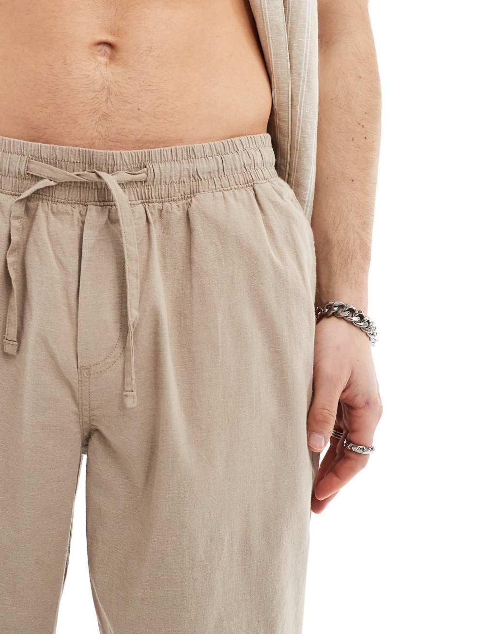 Jack & Jones loose linen mix pants with drawstring waist in beige Product Image