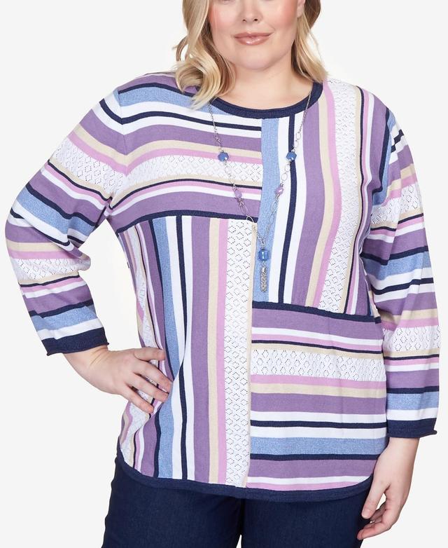 Alfred Dunner Plus Size Lavender Fields Blocked Stripe Shirttail Sweater with Necklace Product Image