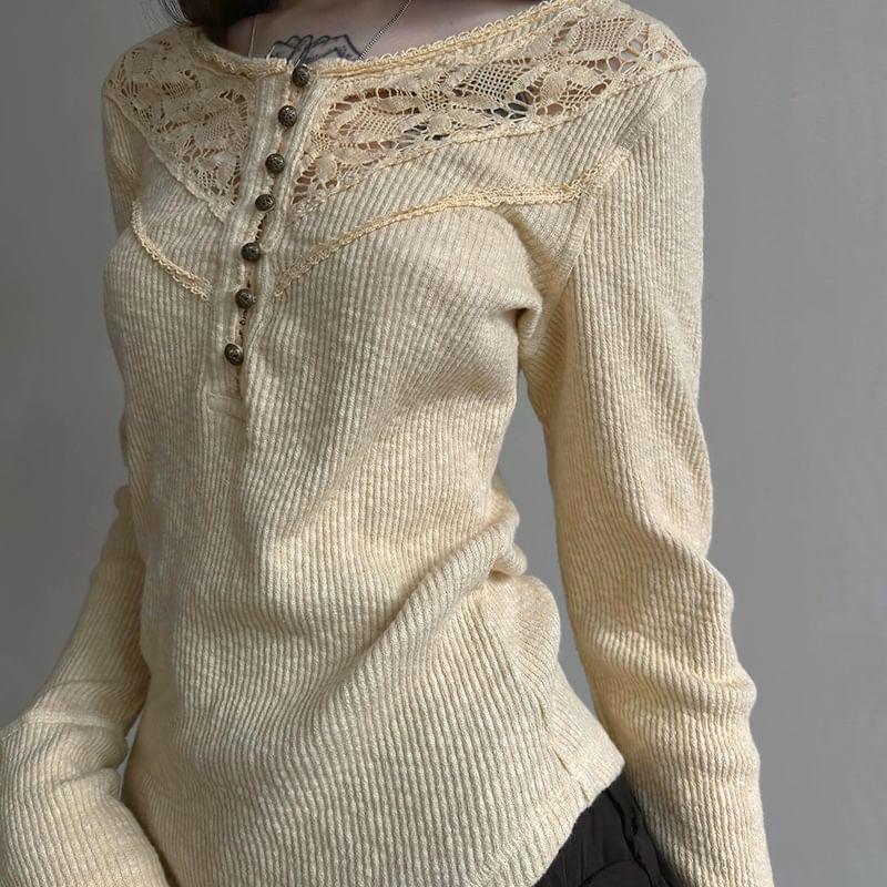 Bell-Sleeve Lace Panel Ribbed Knit Top Product Image