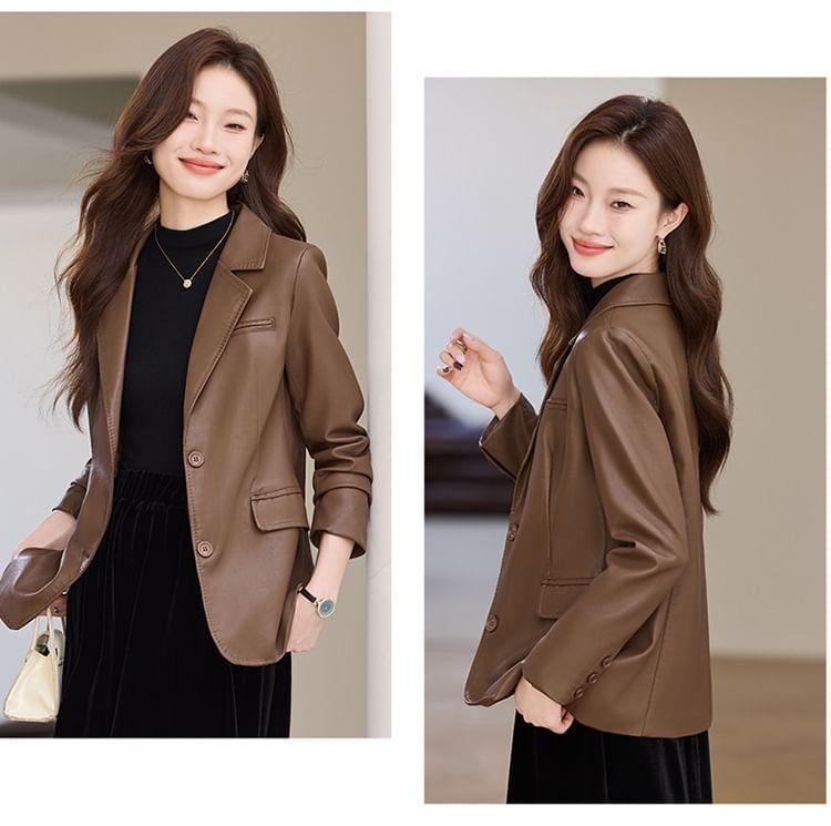 Lapel Collar Plain Faux Leather Single Breasted Blazer Product Image