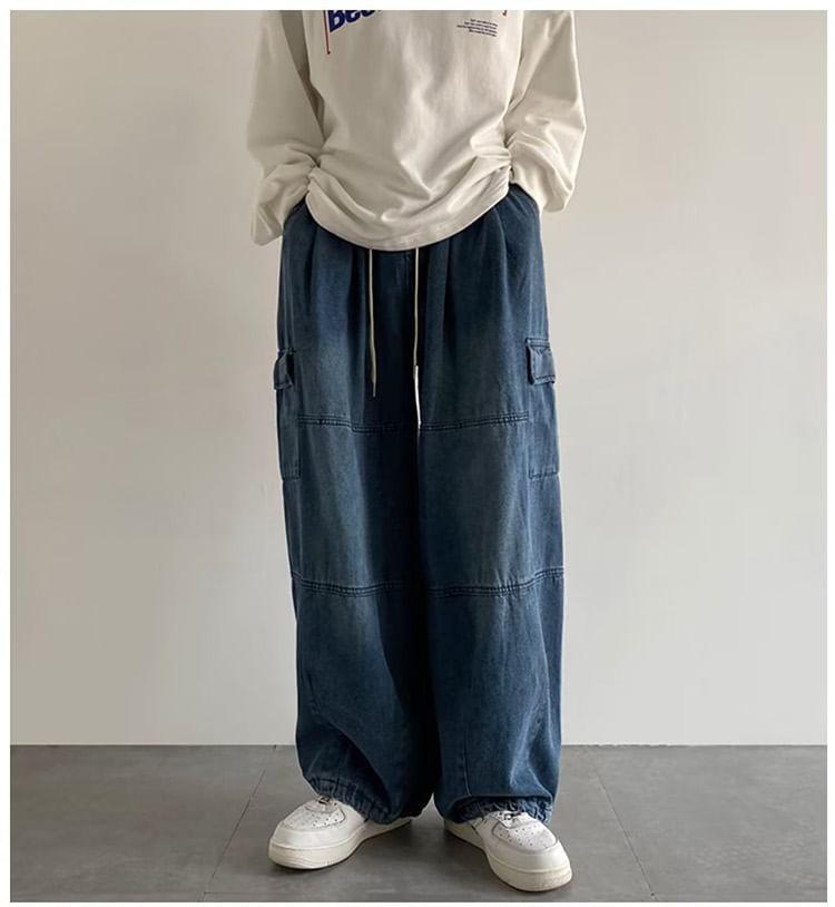 Drawstring Waist Washed Wide Leg Cargo Jeans Product Image